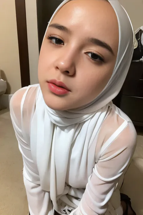 1 young woman, pale flawless skin, wearing black lace bra, wearing hijab, kneeling, (whole body shot) picture taken from far, (white milk dripping from face), loads, kissing lips, frontal shot, spitting saliva from lips, (small breasts 1.3)