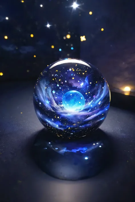  glass sphere、There are a lot of stars inside、 beautiful clouds、 Fantastic、 high image quality、 midnight、Near future