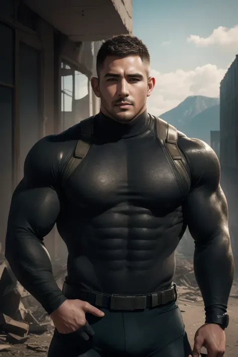 1个 muscular man,  buzz cut，Ruins in an abandoned city， Wear a high neck ski warm tights, He has a sad expression， Lift your chin,  messy hair,   thick thighs  , High Aims Neck Long Sleeve Gray Brown Superhero Bodysuit, Very tight, Regular symmetrical patte...