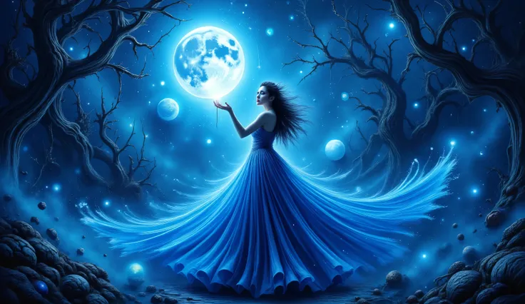 a mystical scene featuring a woman dressed in a flowing blue gown, gracefully standing with her arm outstretched. She holds a crystal ball that glows in the moonlight, enhancing the magical ambiance. Behind her, a large full moon illuminates the night sky,...