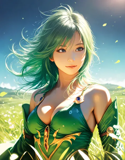 masterpiece, high score, great score, absurdres, 16k, Ultra detailed, (photorealistic : 0.65), 1girl, rydia \(ff4\), final fantasy, grassland, blue sky, year 2016, upper body