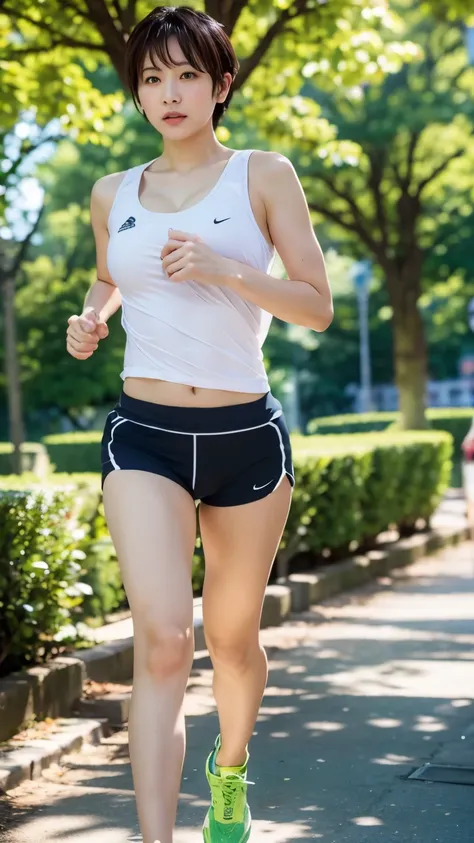 Top quality, one beautiful woman, large breasts,running wear,short cut,35mm lens,f/1, park,(large breasts2.0),figure of a person walking