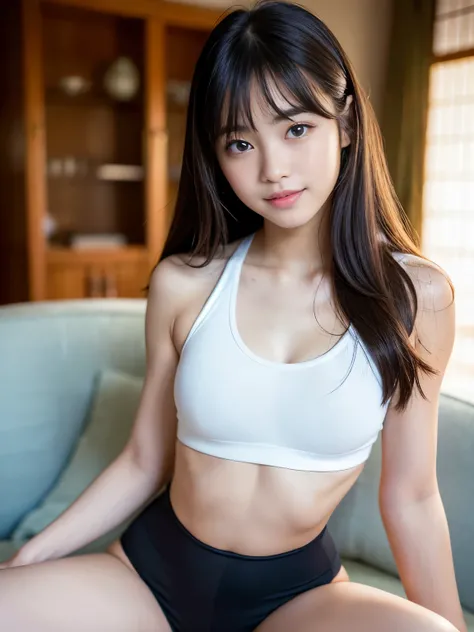 (Best quality, Masterpiece, Ultra High Resolution, (Photorealistic:1.4), Raw Photo, depth of field, professional lighting), at living room, 1girl, 15-years-old, the most famous Japanese idol, (wearing sports outfits, sports bra, skinny leggings), (innocent...