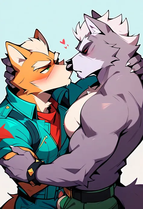 High res, high quality, furry, anthro, (Wolf, Wolf O'donnell, Fox, Fox Mccloud, Starfox), fluff, duo, dominant male, canine sheath, (intense kissing), loving eyes, gay, 