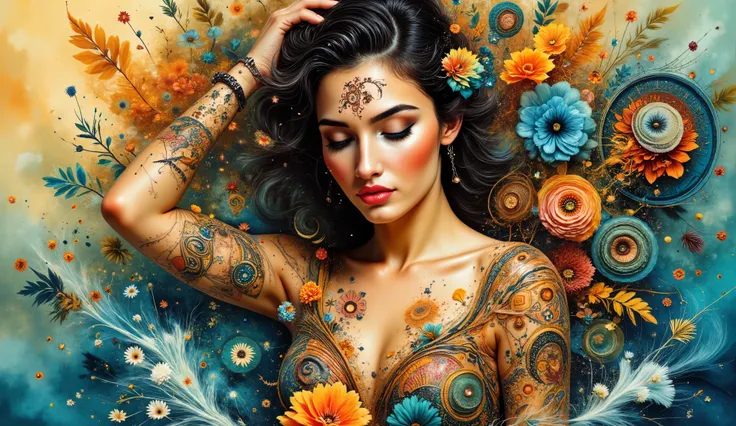 a stylized portrait of a woman intricately woven into an artistic composition filled with swirling patterns and vibrant colors. Her face is serene and adorned with detailed designs around her eyes and forehead, which blend harmoniously with flowing hair t...