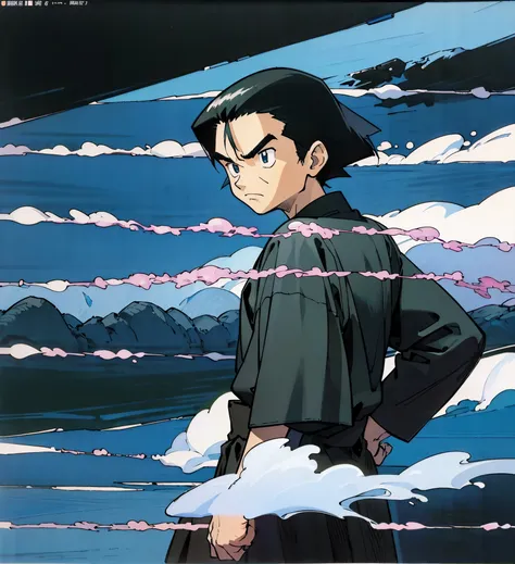 by Ken Sugimori, sugimori 1990s, ((only 1man)), black kimono, ice cave in the background, scowling ((hands behind their back)), full black pupils, manga, best quality, highly detailed, clean lines, cowboy shot, good hands, good eyes, hd, 8k, professional, ...