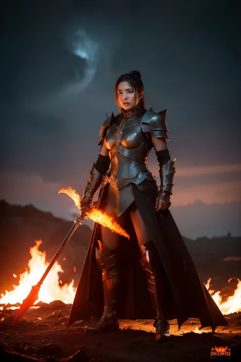 A female warrior clad in dark fantasy armor stands defiantly amidst the fiery depths of hell. Flames of crimson and orange lick the charred ground around her as demonic shadows swirl in the infernal atmosphere. Her armor gleams with an ominous sheen, refle...