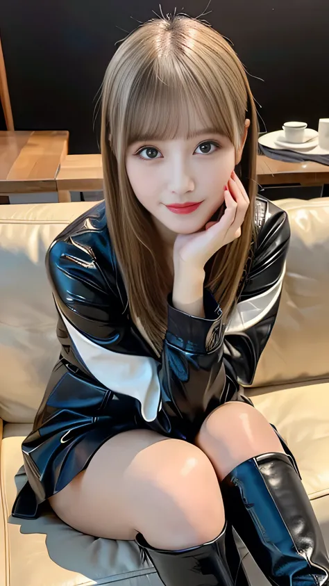 front view:1.7, large breast:1.4, ((focus on crotch)), genuine leather inner tube top, sitting and hugging own legs on a sofa:1.5, one girl, High resolution ,blonde hair, Light Hair Color, sexy, Beautiful eyelashes ,High resolution ,Zoom out ,20-year-old ,...