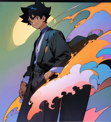 by Ken Sugimori, sugimori 1990s, ((only 1 ish young boy)), dark skin, dark clothes, formal clothes, smiling ((hands behind their back)), full black pupils, manga, best quality, highly detailed, clean lines, cowboy shot, good hands, good eyes, hd, 8k, profe...