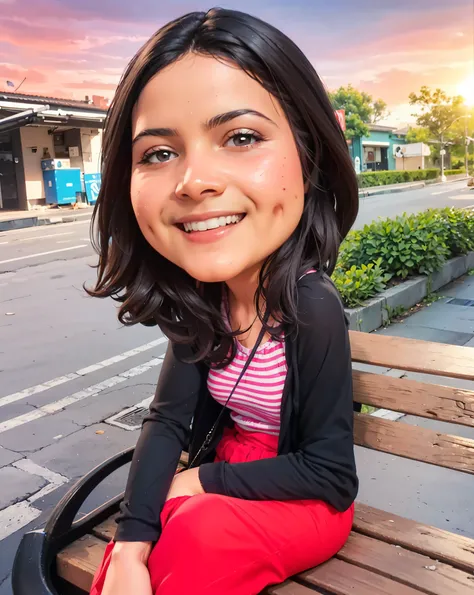 arafed woman sitting on a bench with a smile on her face, realistic portrait photo, with sunset, cartoon portrait, south east asian with round face, realism artstyle, realistic cartoon, photorealistic face, 3d portrait, close up potrait, photorealistic!!!!...