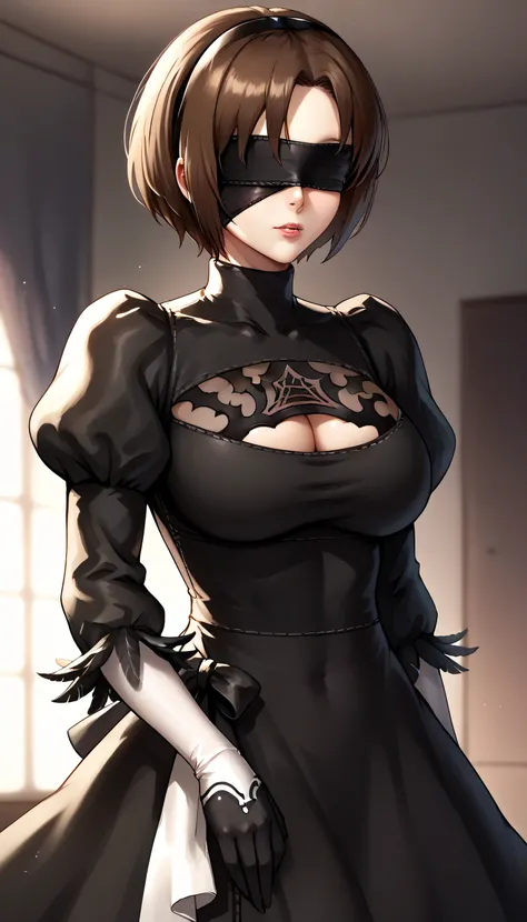 2bcosplay, 2b \(nier\:automata\) \(cosplay\), gloves, long sleeves, dress, puffy sleeves, black dress, clothing cutout, cleavage cutout, juliet sleeves, feather-trimmed sleeves, blindfold, black blindfold, covered eyes,huge breast ,haruka_hikari