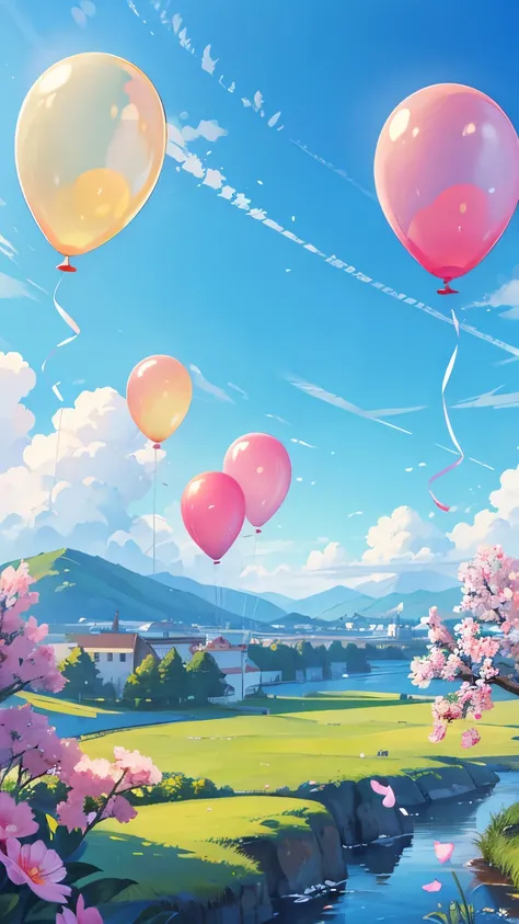 (No_humans)、  high detail、  Landscape、  Masterpiece、  not human、  Masterpiece,   top quality 、petal、balloon、 super detailed,  Blue sky background