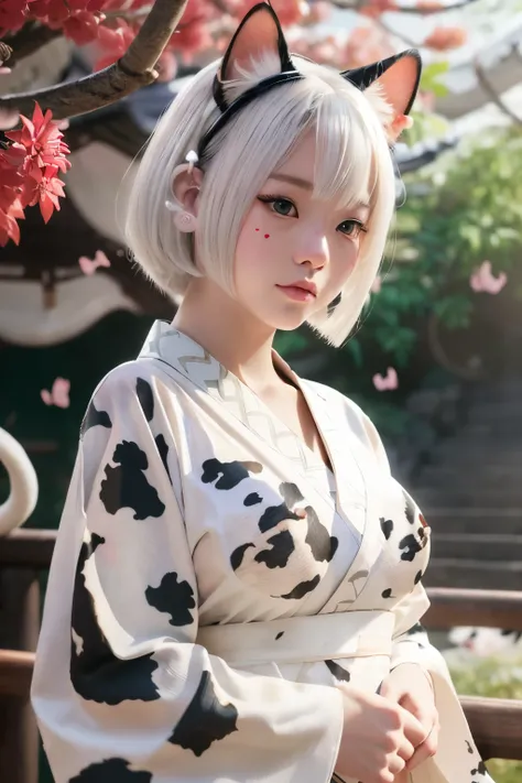  Masterpiece, 8k, (detailed background),
Photorealistic,
1 girl, Standing in kinkakuji,Delicate red eyes, (bob hair:1.2), White hair, beautifl face, (White bob hair:1.2), (Cat ears:1.3), (Plump breast), Wearing Japanese kimono, (Cow pattern kimono:1.4), 

