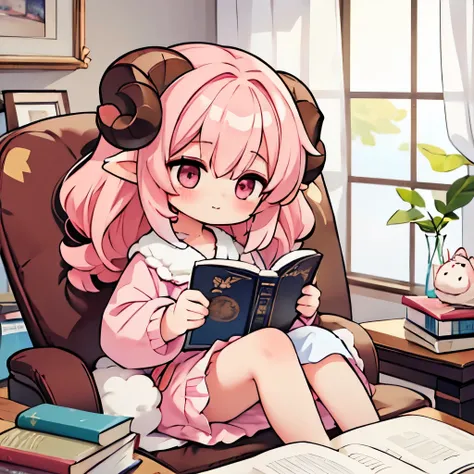 An anime-style illustration of a girl named 'Fua-chan' with long, soft pink hair styled ((in curls resembling sheep’s horns.))** She has bright pink eyes that sparkle with excitement. **Fua-chan is sitting in a comfortable chair, holding an open book in he...