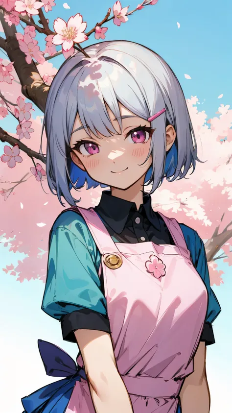  in the seat、Anime Drawings、 silver short hair and bob hair、 hair held together with hair clips、 pink eyes、 white blouse、 blue skirt、 wearing an apron、smile、 upper body close-up 、cherry blossom street tree background 、 sharp outline