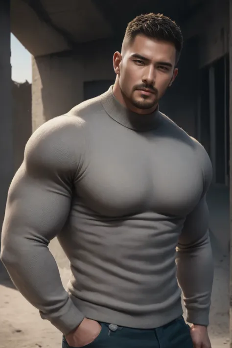 1个 muscular man,  buzz cut，Ruins in an abandoned city， Wear a light grey long sleeve high neck body contouring bodysuit for men, Soft and waxy texture of the sweater，He has a sad expression， Lift your chin,  messy hair,   thick thighs  , Wear a long sleeve...
