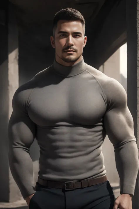 1个 muscular man, buzz cut,Ruins in an abandoned city, Wear a light grey long sleeve high neck body contouring bodysuit for men, Soft and waxy texture of the sweater,He has a sad expression, Lift your chin, messy hair, thick thighs , Wear a long sleeve...