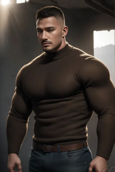 1个 muscular man,  buzz cut，Ruins in an abandoned city， Wear a dark brown long-sleeved high-neck men's body contouring bodysuit, Soft and waxy texture of the sweater，He has a sad expression， Lift your chin,  messy hair,   thick thighs  , Wear a long sleeve ...