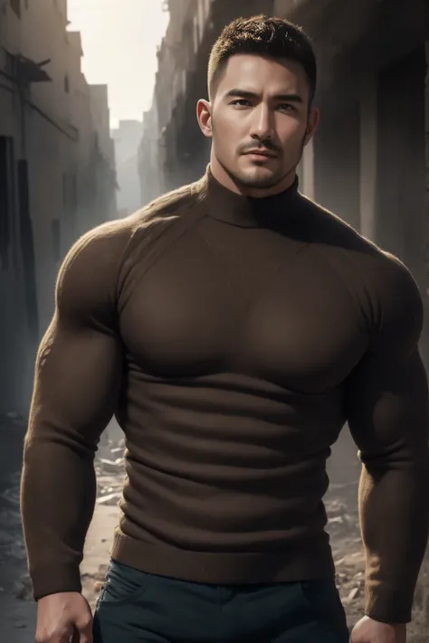 1个 muscular man, buzz cut,Ruins in an abandoned city, Wear a dark brown long-sleeved high-neck men's body contouring bodysuit, Soft and waxy texture of the sweater,He has a sad expression, Lift your chin, messy hair, thick thighs , Wear a long sleeve ...