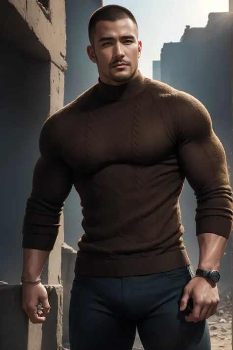 1个 muscular man,  buzz cut，Ruins in an abandoned city shining in the open sun ， Wear a dark brown long-sleeved high-neck tights for men, Soft and waxy texture of the sweater，He has a sad expression， Lift your chin, buzz cut，,   thick thighs  , Wear a dark ...