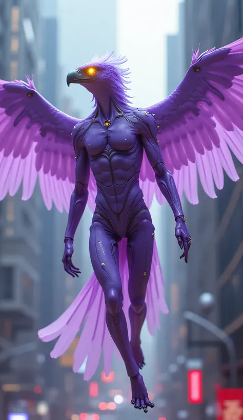 vision + vulture
"A male android with translucent purple skin and vulture biomechanical wings. Her eyes glow yellow ,  and he's flying over a futuristic city , with holograms of prey around ."  background 