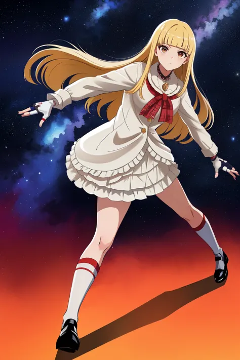 ( Masterpiece,  top quality: 1.3),  1 girl, Alone,  long hair,  standing,  skirt by humili, mid-length shoes,  starry sky ,  night ,  I'm looking at the viewers,  Medium Bust , Lili, ブロンド, blunt bangs ，Fingerless gloves,  fighting pose ,