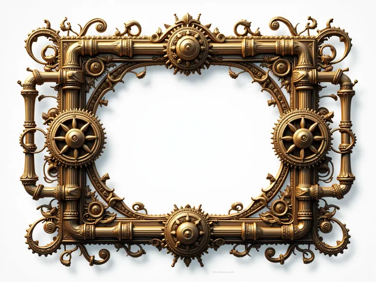 steampunk frame　 Gold Gears 、Piping、antique decor　Background Transparent