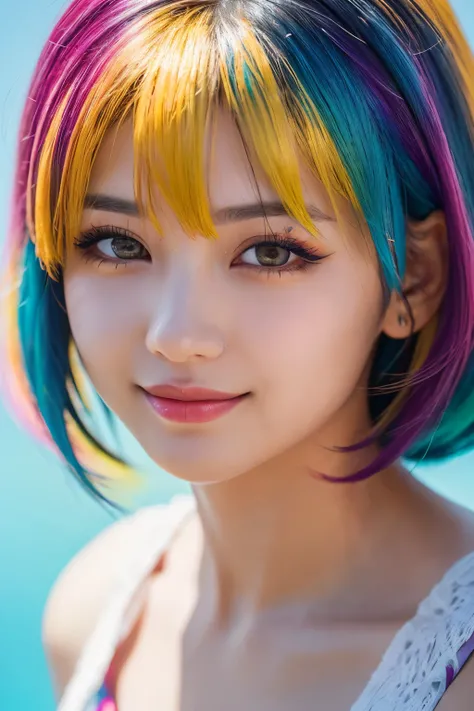  high quality,  realistic、 Hi-Res,  realistic、8k、 Masterpiece,  Details.Impressive、Alone、 cutting-edge photo portrait of a woman、Expression of happiness、The way you look at someone you love、 yellow、Cyan, and purple, (( her colorful hair is gathered in a hi...