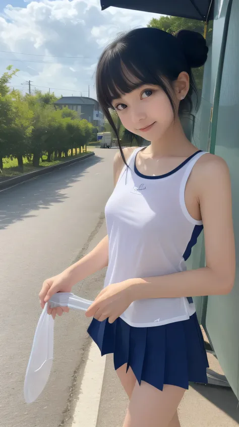  top quality、 natural depiction、 Hi-Res、delicate、Very high degree of perfection 、 beautiful,Girls are in elementary school６Grade、 black hair、cute girl eyes、Best proportions、 small breasts、Looks like Daidouji Tomoyo、Are you wearing thin summer tennis wear、T...