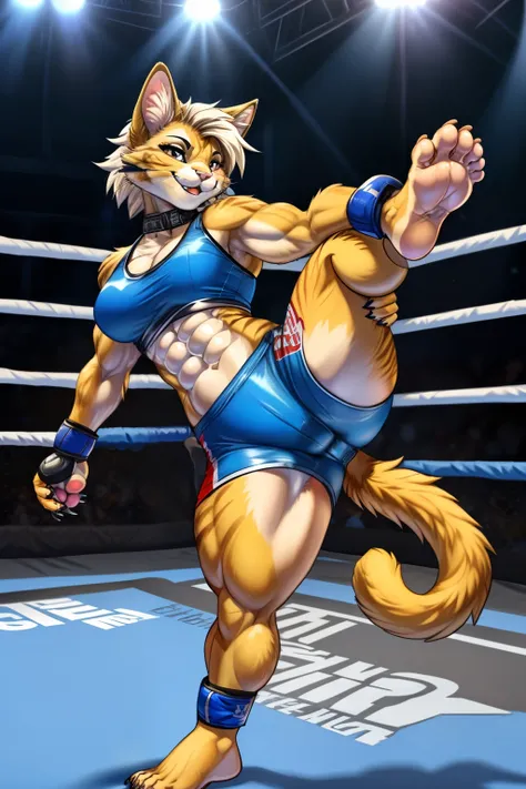 female anthropomorphic cat, alone, semi-muscular body, abs, with a smile, feet, claws on toes, barefoot, 5 toes, soles of feet, foot fetish, legs, in MMA fighter clothes, shorts semi-tight, cat tail, in flying kick position. 