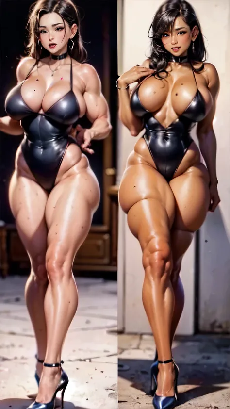  sexy mature women， Elegant 8-shaped chest ， wears a gradient mini suspender swimsuit，( coppery skin:1.3)，(((Oily skin)))， I'm very sweaty， unbelievably sexy ，Strong calves， Bodybuilding abs ， looms， pointy heels， Sensory Stimulation ， posing sexy by the p...