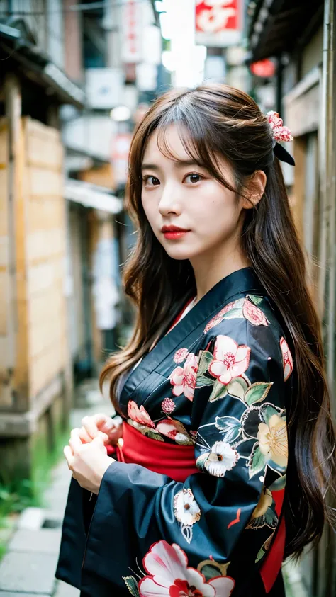 top quality, 1 beautiful woman, wavy long hair, (perfect face:1.3), wearing black kimono, 35mm lens, f/1, large chest, feeling good, at traditional Japanese back alley, Desaturated tones, upper half body