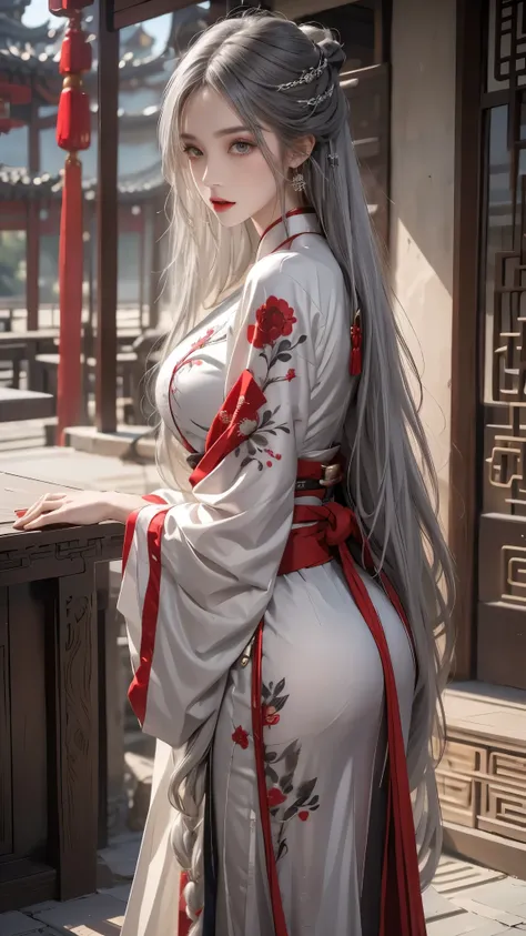 realistically, A high resolution,  one woman standing upright on the floor, butt lift, pretty eyes, Long gray hair, eye socket, jewely, tattoo is, Hanfu, a beautiful woman in China, Red embroidered Hanfu