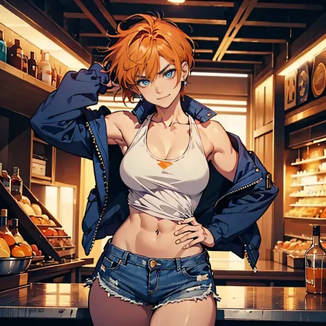 ( express up to the thighs), ( high resolution, 8k), (orange hair), ( short hair ),  ( beautiful eyes), (One ear earring ), Energetic woman, (Blue jacket, white tank top), (lean muscle), (chest), (smile), (Thick eyebrows), (Frowning), ( sexy), Action,  cow...