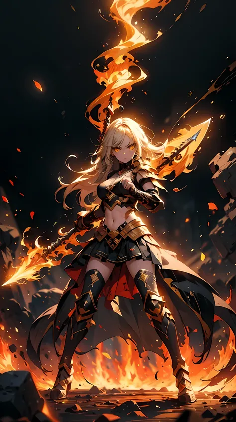 " A warrior with long white hair , messed up by the wind, and intense yellow eyes . Your body is strong and toned, but covered by an imposing stylized Spartan armor , black with gold details. She holds a flaming Spartan spear firmly on an ancient battlefi...