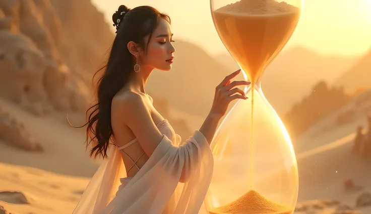 A gorgeous sexy Vietnamese woman. The sand sparkled under the sunlight, and a giant hourglass appeared in the distance. She touched the hourglass, and it dissolved into thousands of glowing sand grains, forming a miniature galaxy around her. Her sexy white...