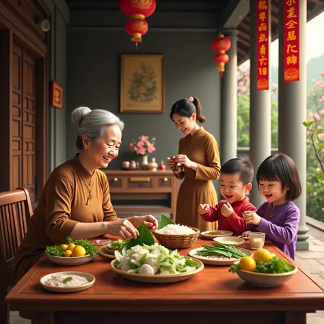 Foreground:

The old woman with silver hair, wearing a brown ao dai, sits in the center, smiling gently as she carefully wraps banh chung with dong leaves.

The  in red sits on the left, looking intently at the basket of ingredients with curious eyes.
The ...