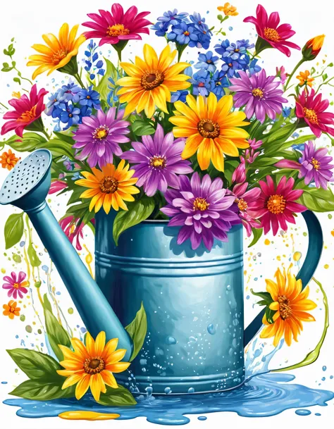 there is a painting of a watering can  with flowers in it, Carol Bove ,   digital art by shutterstock contest winners, , Flowers and stems,  Flowers of bright colors ,  colorful w 1024 , magical   colorful flowers, Summer Vibrancy,   colorful flowers, Spot...