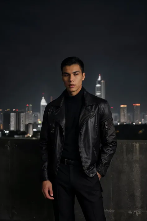 Male height 178 cm,  athletic body,  short dark hair, Sharp brown eyes , firm face , look like a mobster using a black jacket, military pants , boots. The background of the dark jakarta city and full of tall buildings.