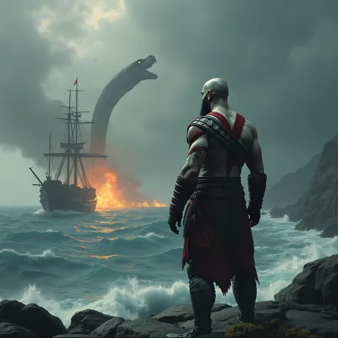 Kratos from the game God of War looking out to sea with a ship on fire and with a gigantic serpent behind 