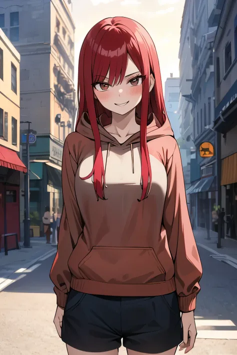 absurdres, highres, ultra detailed, young adult, Erza scarlet ,blush , solo, brown eyes, brown hoodie (hood down), black shorts, medium chest, medium ass, wide legs, looking at viewer, straight hairstyle, flirty smile, posing for photos.