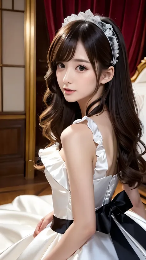 (((Top Quality))), (((Masterpiece))), (((Detail))), tall, looking at camera, face-to-face, black shiny silk satin ruffle girly empire length wedding dress, hands thrust forward, Japanese, brown hair, long hair, gorgeous room,. Gorgeous ribbon hair accessor...