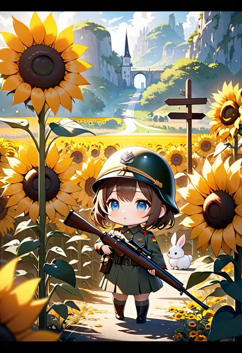 (Super Chibi Style Girl:1.5), messy brown hair, beautiful detailed eyes, beautiful detailed lips, extremely detailed face and features, wearing an old German military helmet and uniform, holding a detailed rifle, standing in a sunflower field, looking at a...