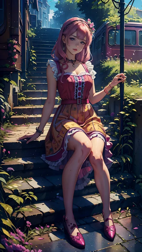 Magenta tones, bright colors, ((Masterpiece))), (((Quality))), ((Ultra-detailed)), (Ultra-realistic), (Highly detailed CG illustration), official art, CD cover, This will be, midsummer, the glorious 60s, 1 girl, cruel beauty, gorgeous Cochetti, train, hair...