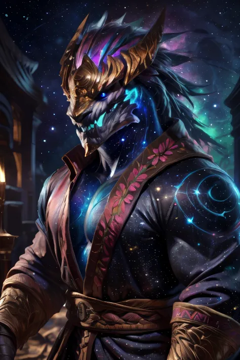 E621, (soft lighting, detailed lighting:1.1), (detailed background, :1.2), detailed face, detailed eyes, BREAK by taran fiddler, by darkgem, by zoroj, solo, male, aurelion sol (lol), galaxy skin, nebula skin, large pectorals, floral kimono, blushing