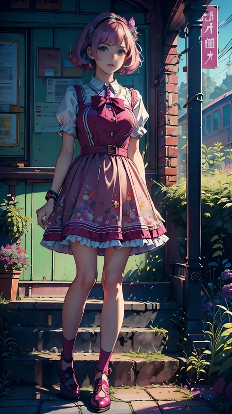 Magenta tones, bright colors, ((Masterpiece))), (((Quality))), ((Ultra-detailed)), (Ultra-realistic), (Highly detailed CG illustration), official art, CD cover, This will be, midsummer, the glorious 60s, 1 girl, short skirt, cruel beauty, gorgeous cochetti...