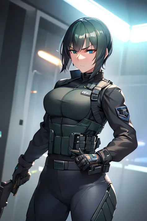 A strong and determined female SWAT officer in a deep blue tactical uniform with black body armor, holding a custom shotgun in a ready stance. She has short, neatly trimmed dark green hair with perfectly cut bangs and piercing emerald green eyes. Her expre...