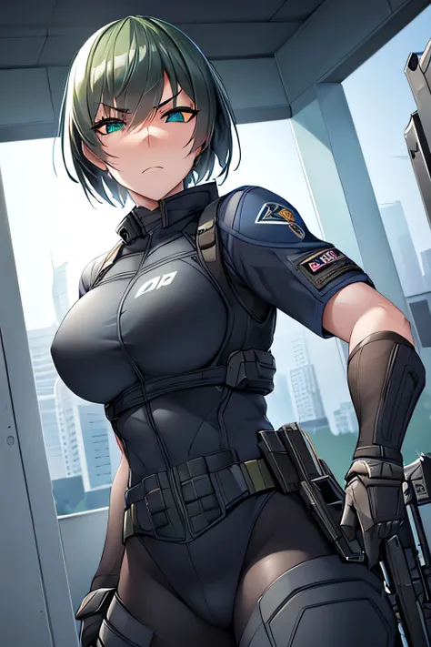 A strong and determined female SWAT officer in a deep blue tactical uniform with black body armor, holding a custom shotgun in a ready stance. She has short, neatly trimmed dark green hair with perfectly cut bangs and piercing emerald green eyes. Her expre...