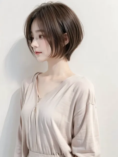 ((highest quality, 8K, masterpiece :1.3)), 1 girl, (bob hair、short hair,Taken in front of a white wall :1.2)、（gentle smile),Shot in natural light、pastel cardigan :1.1, Angle from above、super detailed face, fine eyes,(Highly realistic photos, High resolutio...