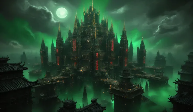 The great Chinese fortress is a skyscraper made of black stone. Green glowing elements. Red hieroglyphs on the walls of the building. It's a dark night. a bright moon. Golden spikes. the green fog. a fortress in the middle of a traditional Chinese city. a ...